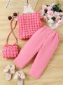 Baby Girls' Textured Vest And Pants Set With Matching Bag