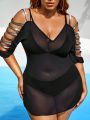 SHEIN Swim BAE Plus Size Women'S Black Mesh Cover Up