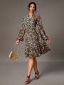 SHEIN Tall Floral Print Notched Neckline Long Sleeve Dress