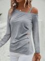 Asymmetric Shoulder Grey Long Sleeve T-shirt