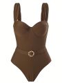 SHEIN Swim Chicsea Women's Elegant One Piece Swimsuit With Steel Ring, Ring Detail And Delicate Strap