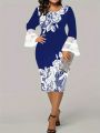 Plus Size Spliced Mesh Printed Dress With Bell Sleeves And Colorful Flowers