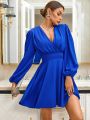 SHEIN Privé Women's Deep V-neck Long Sleeve Blue Dress