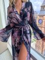 Floral Print Belted Mesh Sleep Robe