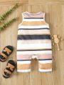 Baby Boy Striped Pattern Printing Sleeveless Romper With Shorts For Casual & Vacation In Summer