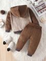 New Arrivals Owl Pattern Baby Boy's Plush Warm Hoodie And Pants Set For Fall And Winter