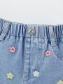 Girls' Casual Cute Dopamine Colored Flower Embroidery Wide-leg Comfortable Light Blue Washed Denim Shorts With Flower