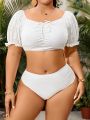 SHEIN Swim Vcay Plus Size Drawstring Eyelet Embroidery Short Sleeve Top With Triangle Bikini Set