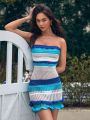 SHEIN Swim BohoFeel 1pc Women'S Color Block Striped Bandeau Cover Up Dress