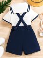 SHEIN Kids Academe Young Boy Casual Simple Sailor Collar Short Sleeve Top And Overalls Shorts Set For Summer