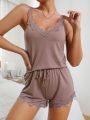 Solid Contrast Lace Tank Top & Shorts PJ Set