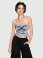 ROMWE Grunge Punk Women's Skull & Letter Printed Strapless Crop Top With Drawstring