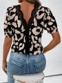 SHEIN LUNE Women's Leopard Print Back Lace Splice Shirt