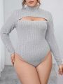 SHEIN Essnce Women'S Plus Size Solid Color Ribbed Knit High Collar Hollow Out Bodysuit