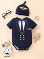 2pcs Baby Boys' Tie Printed Romper With Hat, Spring Summer Outfits