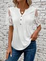 Women's Embroidered Mesh Short Sleeve Button Half Placket T-Shirt