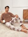 Men's Teddy Bear Letter Embroidered Top & Plaid Pants Plush Homewear Set