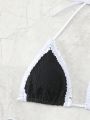 Contrast Ruffle Trim Triangle Cup Knotted Side Bikini Swimsuit Set