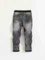 SHEIN Toddler Boys' Casual Mid-rise Elastic Waist And Faux Fly Stretch Jeans
