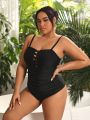 SHEIN Swim Basics Plus Size Solid Color Cross Detail One Piece Swimsuit