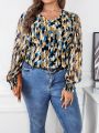 SHEIN Frenchy Plus Size Leaf Print Lantern Sleeve Top