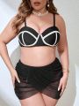 SHEIN Swim Chicsea Plus Size Colorblock Edge Trim Bikini Set And Mesh Beach Skirt Swimsuit