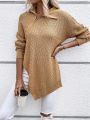 Solid Zip Up Drop Shoulder Asymmetrical Hem Sweater