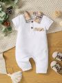 Simple Baby Boy Jumpsuit With Collar, Half Open Buttons, Loose Fit, Cute Style For Daily Wear In Spring And Summer