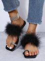 Rhinestone Decor Toe Ring Fluffy Thong Sandals