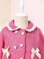 Baby Girls' Fashionable Elegant Bowknot Button Woolen Coat For Autumn And Winter