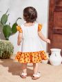 SHEIN Baby Girl Casual Summer Holiday Floral Pattern Color Block Short Sleeve Dress