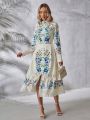 SHEIN VCAY Floral Print Lace Trimmed Long Sleeve Shirt Dress