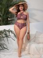 SHEIN Swim BohoFeel Plus Size Paisley Print Pompom Decor Cross Halter Bikini Set