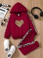 Young Girl Leopard & Heart Print Contrast Side Seam Hoodie & Sweatpants