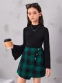 SHEIN Kids FANZEY Girls' Stand Collar Solid Color Blouse & Plaid A-Line Skirt Set With Flare Sleeves