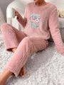 Women's Plush Lettered Sloth Embroidered Pajama Set