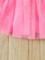 SHEIN Kids FANZEY Toddler Girls' Letter Printed Short Sleeve T-Shirt And Tutu Net Yarn Half Skirt Set