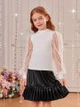 SHEIN Kids Nujoom Tween Girl Dobby Mesh Lantern Sleeve Top & Paperbag Waist Belted PU Leather Skirt