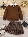 SHEIN Kids EVRYDAY Young Girl Contrast Collar Sweatshirt & Plaid Pleated Skirt