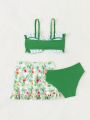Little Girls' Bikini Swimsuit Set With Ruffle Trim Detailing & Tropical Print Swim Skirt