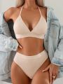 SHEIN Swim Basics Solid Colored Halter Top And Triangle Bottom Bikini Set