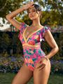 SHEIN Swim Classy Floral Print Deep V-Neck One-Piece Swimsuit With Ruffle Hem