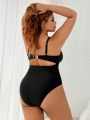 SHEIN Swim BAE Plus Size One-Piece Fishbone Shaped Swimwear With Waist Cincher