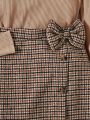 SHEIN Tween Girl Mock Neck Puff Sleeve Tee & Plaid Bow Front Asymmetrical Hem Skirt