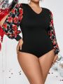 SHEIN SXY Plus Size Flower Printed Patchwork Bodysuit