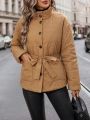 SHEIN Unity Textured Waist Belt Solid Color Padded Coat