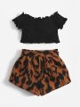 SHEIN Baby Lettuce Trim Tee & Graphic Print Paper Bag Waist Belted Shorts