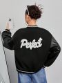 Teen Girl Letter Patched Striped Trim Drop Shoulder Varsity Jacket