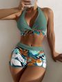 SHEIN Swim Summer Beach Random Leaf Print Bikini Set Tie Front Halter Bra & Dolphin Shorts 2 Piece Bathing Suit