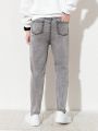 Teenage Boys' New Casual And Fashionable Slim-fit Washed Grey Jeans With Distressed Holes And Tapered Legs